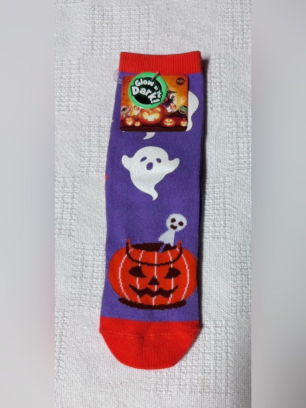 Kids Purple Halloween Socks with Orange Pumpkin and Ghost Design